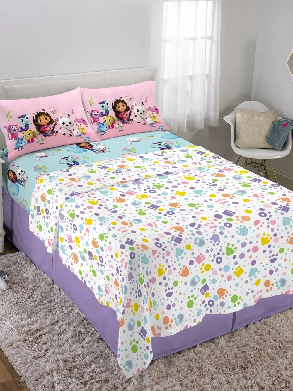 Gabby's Dollhouse Kids 4 Piece Teal Blue White Sheet Set, Full